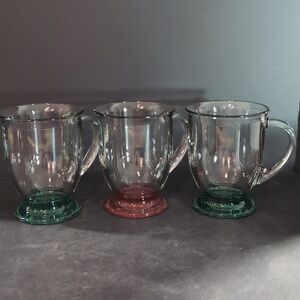 VGT, Anchor Hocking Cafe Pedestal Glass Mugs 2 Green 1 Red.